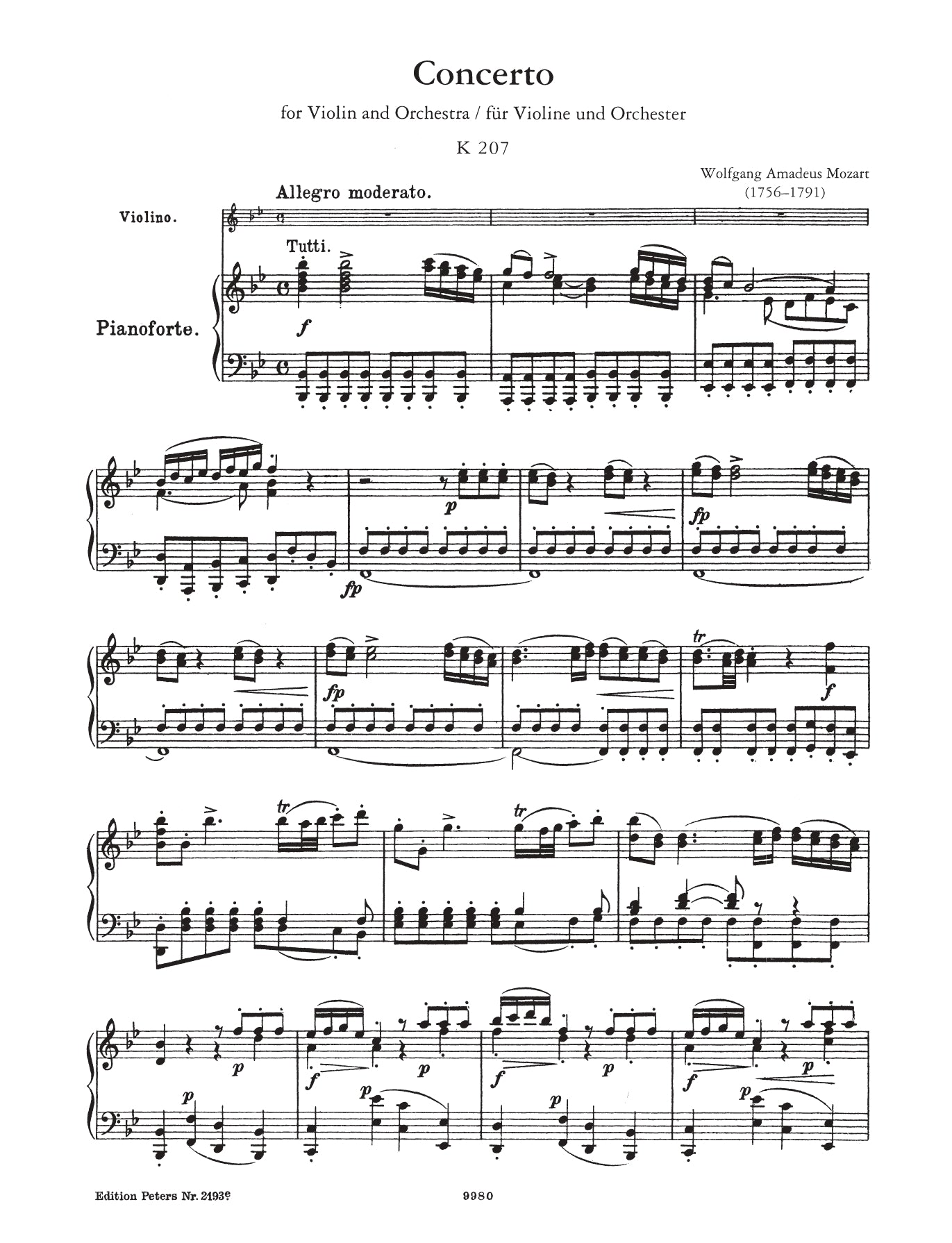 Mozart - Concerto No 1 B Flat Major K 207 Violin with Piano Accompaniment