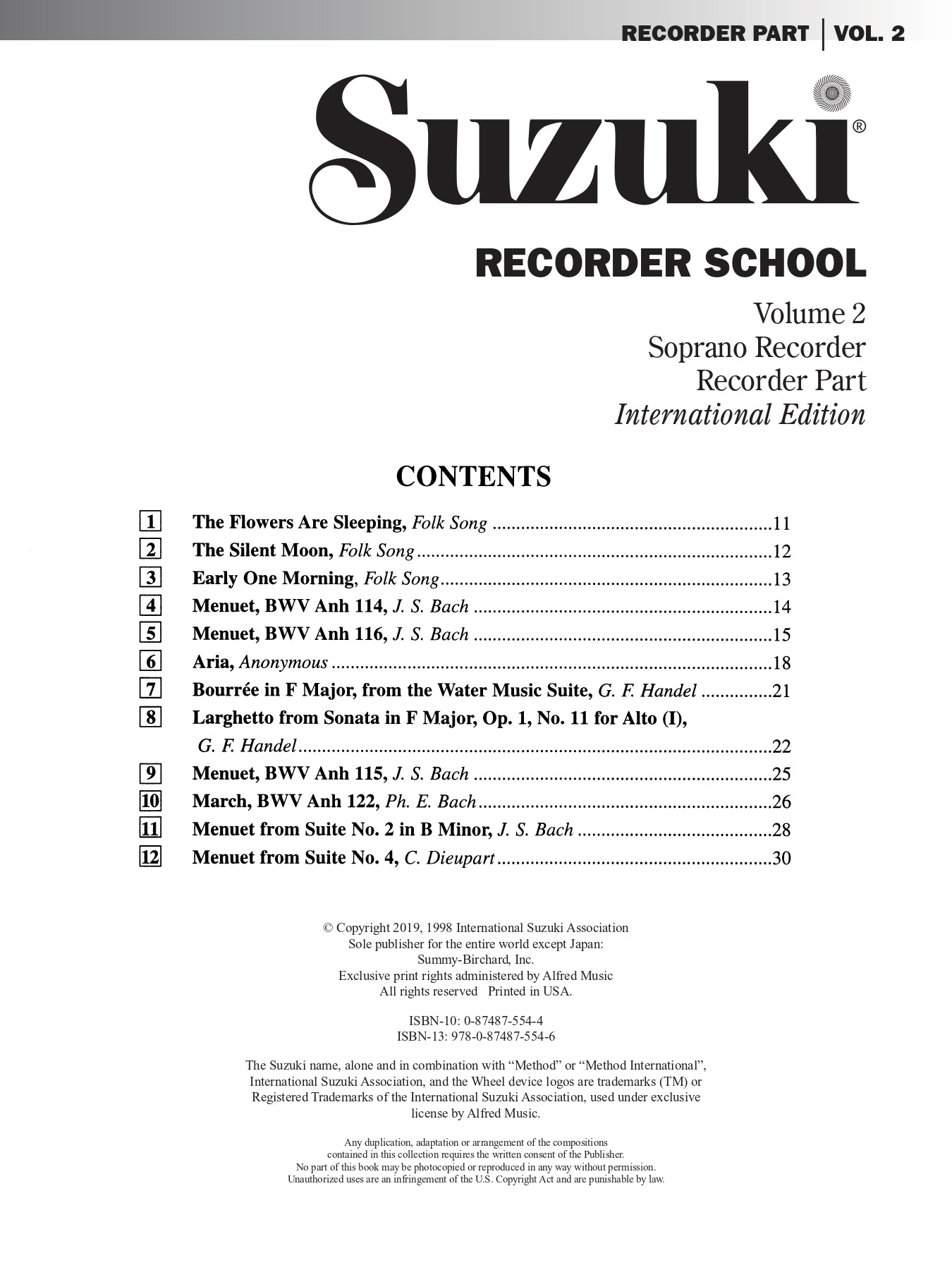 Suzuki Recorder School - Volume 2 Descant Recorder Part Book