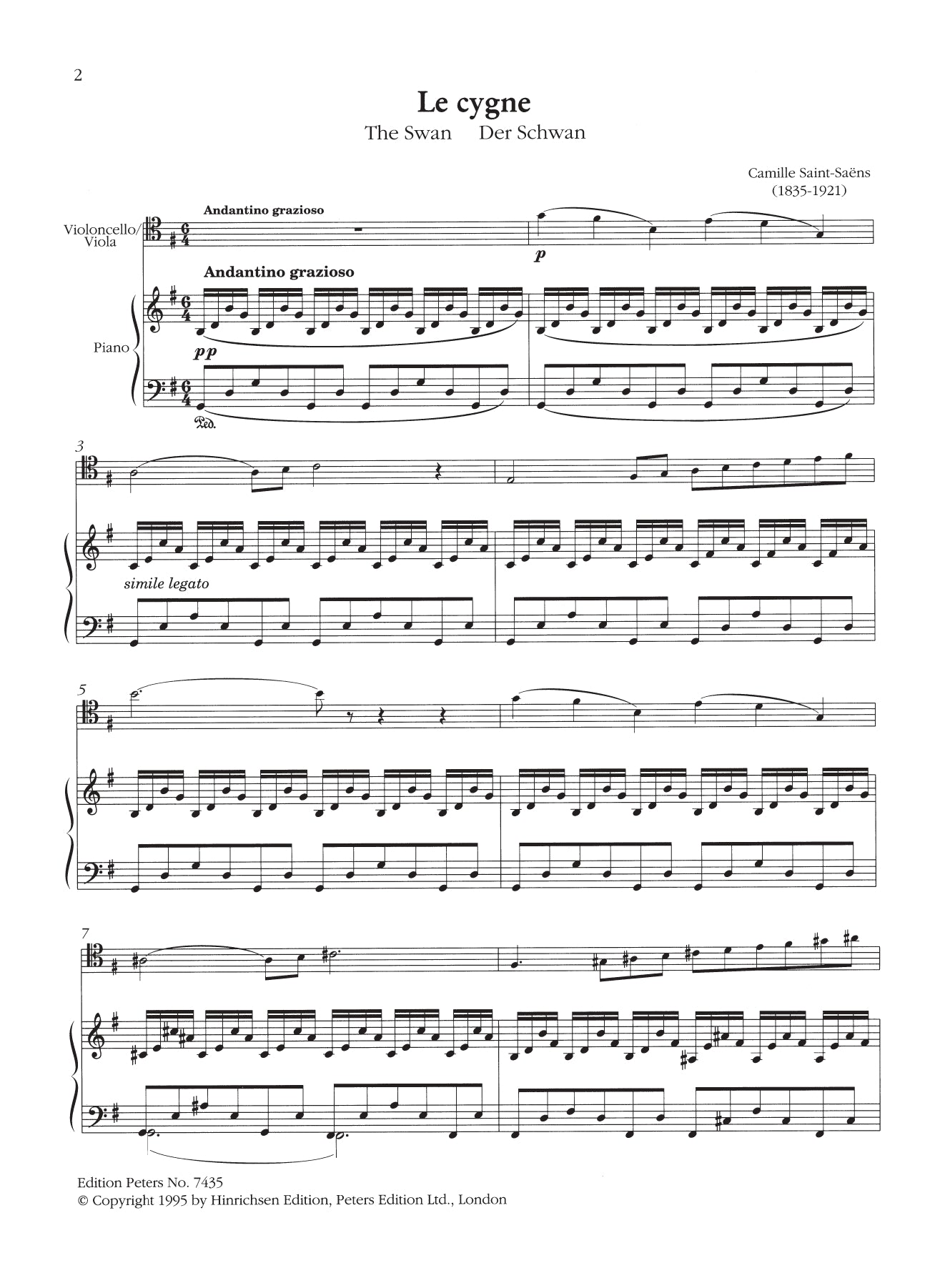 Saint-Saens - The Swan Cello Or Viola with Piano Accompaniment Sheet Music