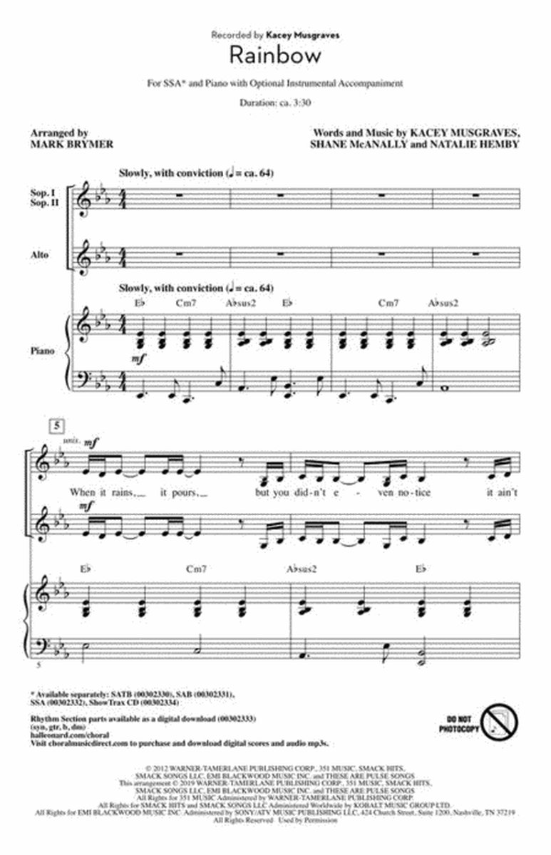 Kasey Musgraves Rainbow - Soprano 1, Soprano 2, Alto Voicing Sheet Music