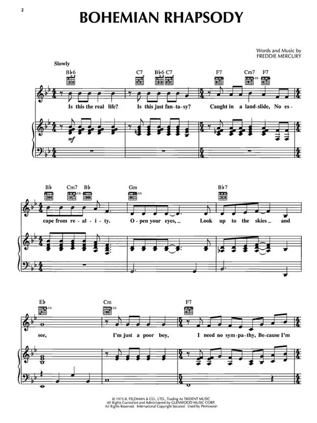 Queen Bohemian Rhapsody - Piano/Vocal/Guitar Single Sheet Music