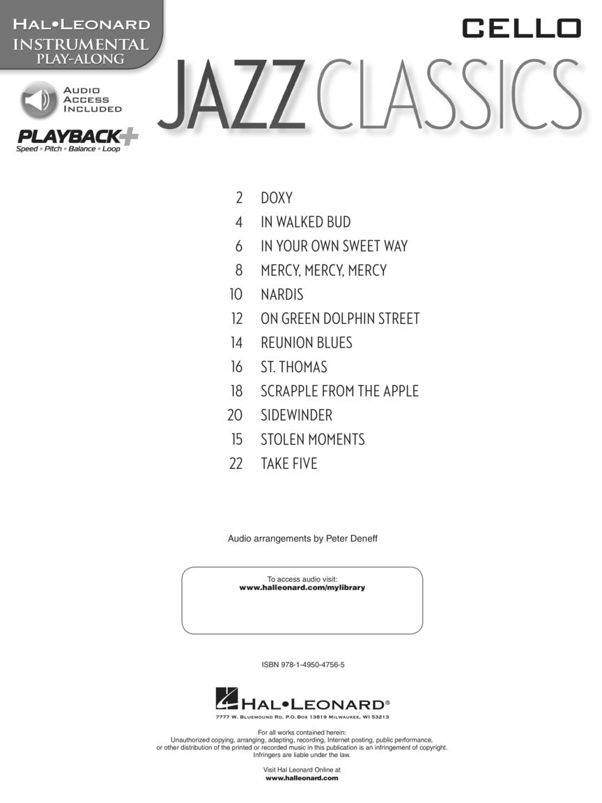 Jazz Classics For Cello Play Along Book/Ola