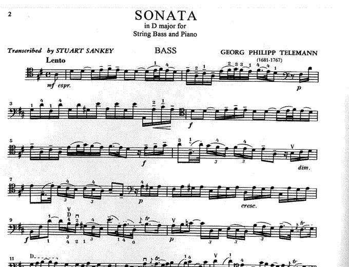 Telemann Sonata in D Major Double Bass with Piano Book