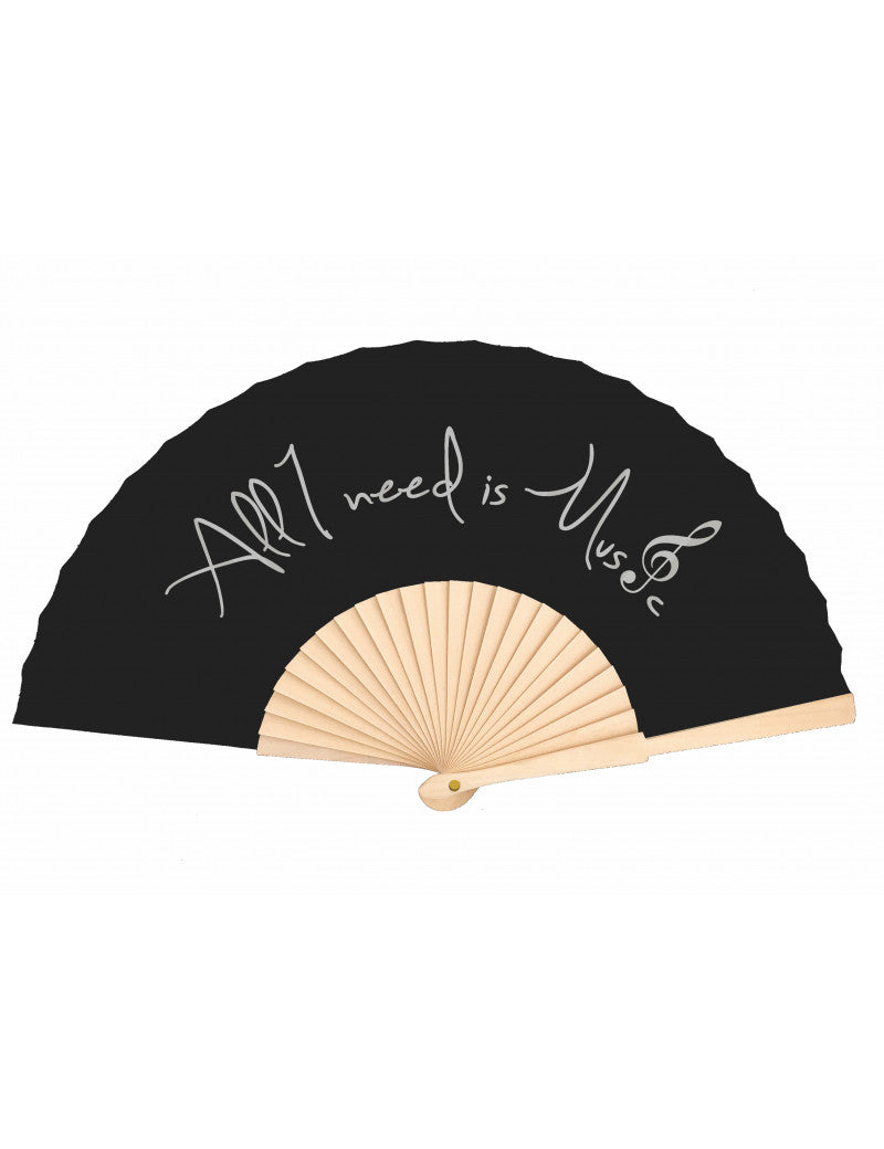 Hand Held Fan with Silver Writing "All I Need is Music" Design
