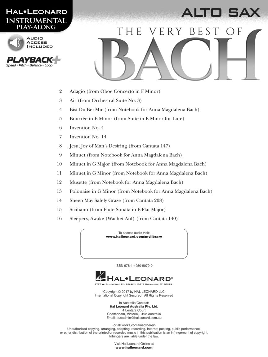 The Very Best Of Bach For Alto Saxophone - Play Along Book/Ola