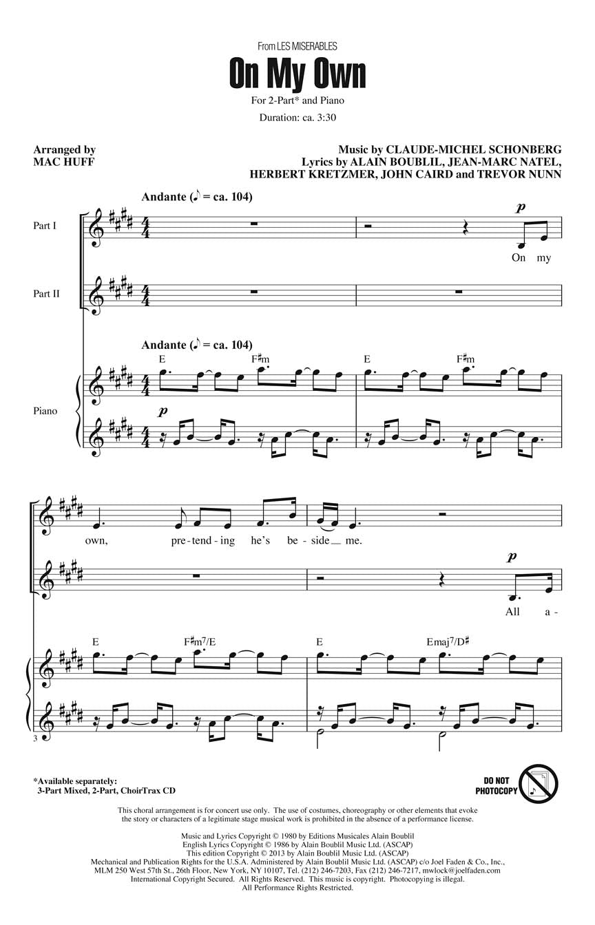 On My Own Les Mis‚Äö√†√∂¬¨¬©rables - 2 Part Vocal Sheet Music