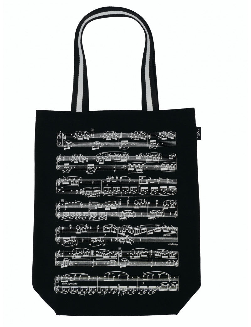 Black Canvas Sheet Music City Shopper Tote Bag with Striped Handles