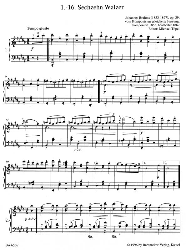 Brahms Easy Piano Pieces and Dances Urtext Book