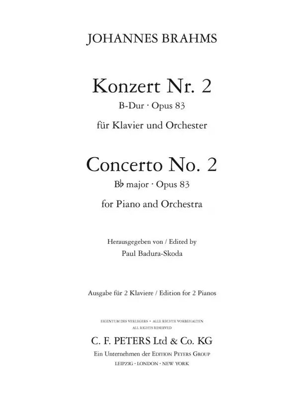 Brahms - Piano Concerto No 2 B Flat Op 83 2 Piano 4 Hands Duet Book
