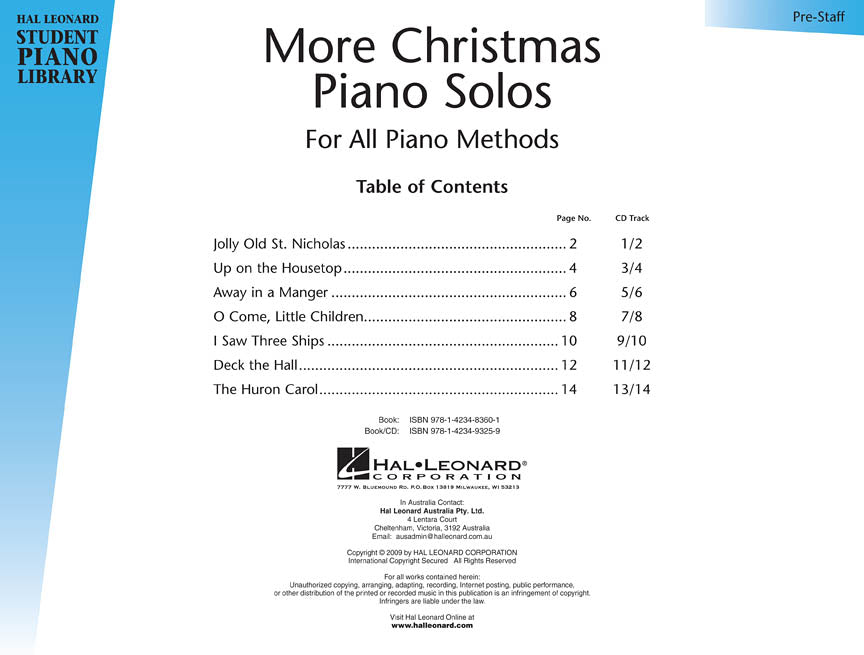 HLSPL - More Christmas Piano Solos Prestaff Book/Cd