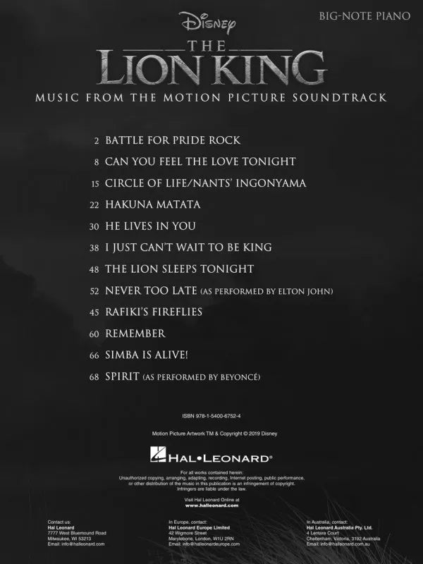 The Lion King New Movie Soundtrack Big Note Piano