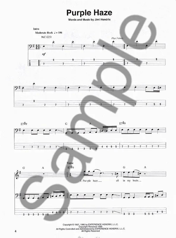 Jimi Hendrix - Smash Hits Bass Play Along Volume 10 Book/Ola