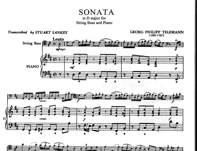 Telemann Sonata in D Major Double Bass with Piano Book