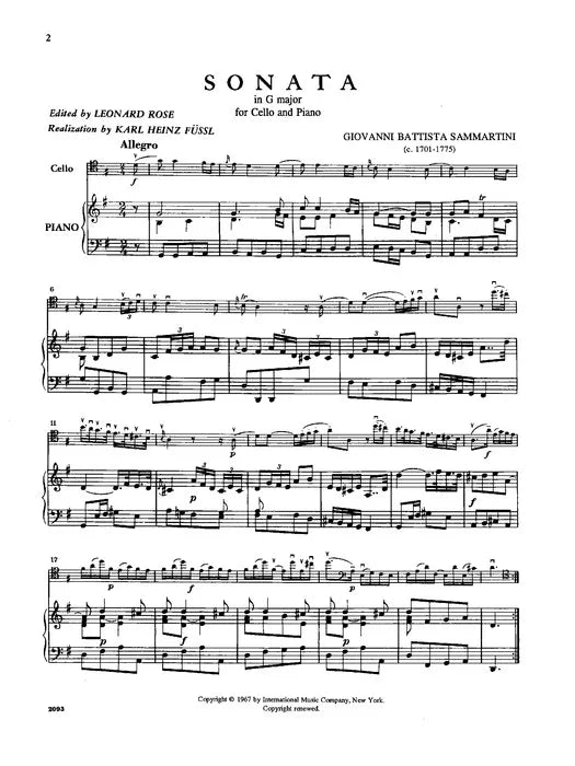 Sammartini/Berteau - Sonata in G Major for Cello and Piano Book