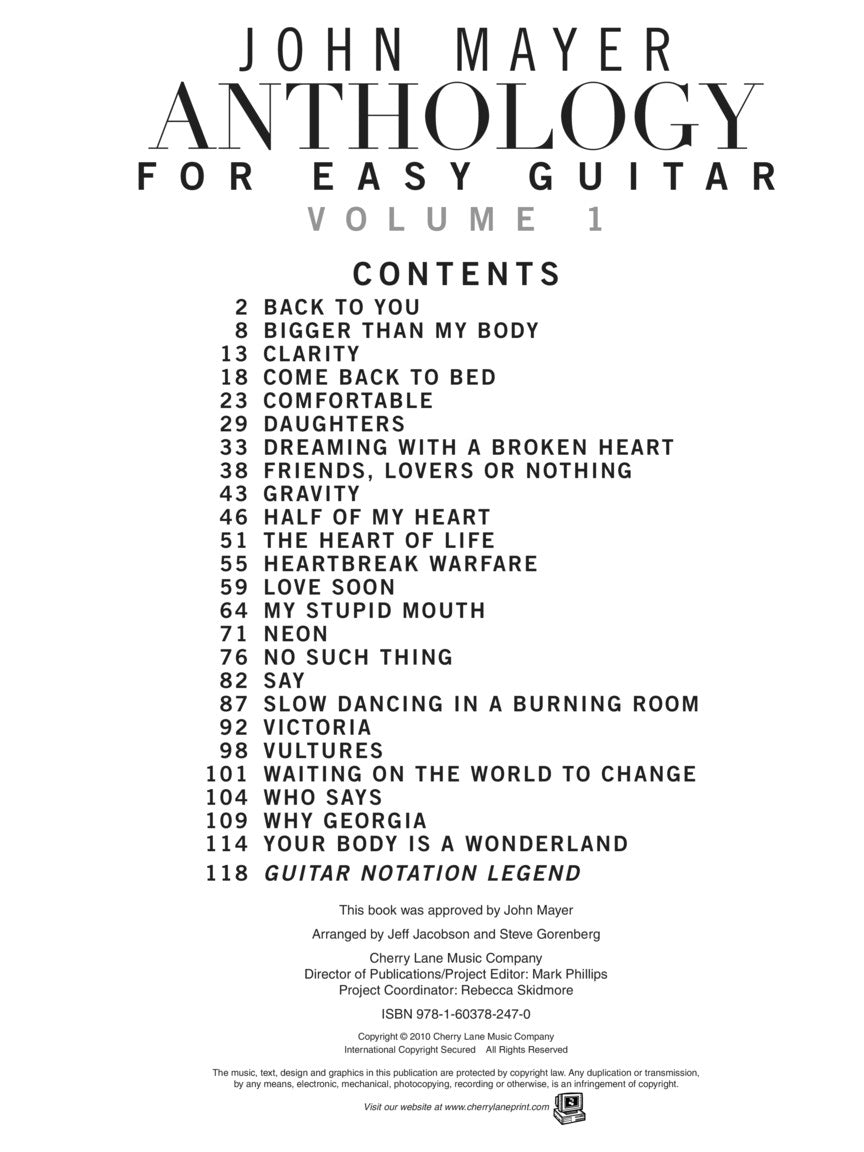 John Mayer - Anthology For Easy Guitar Volume 1 Book