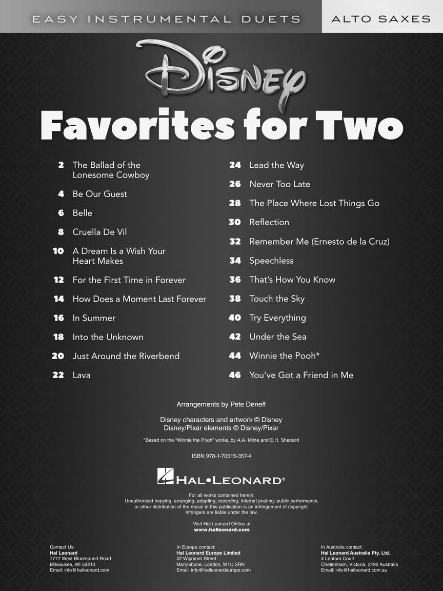 Disney Favorites For Two For 2 Alto Saxophones Book