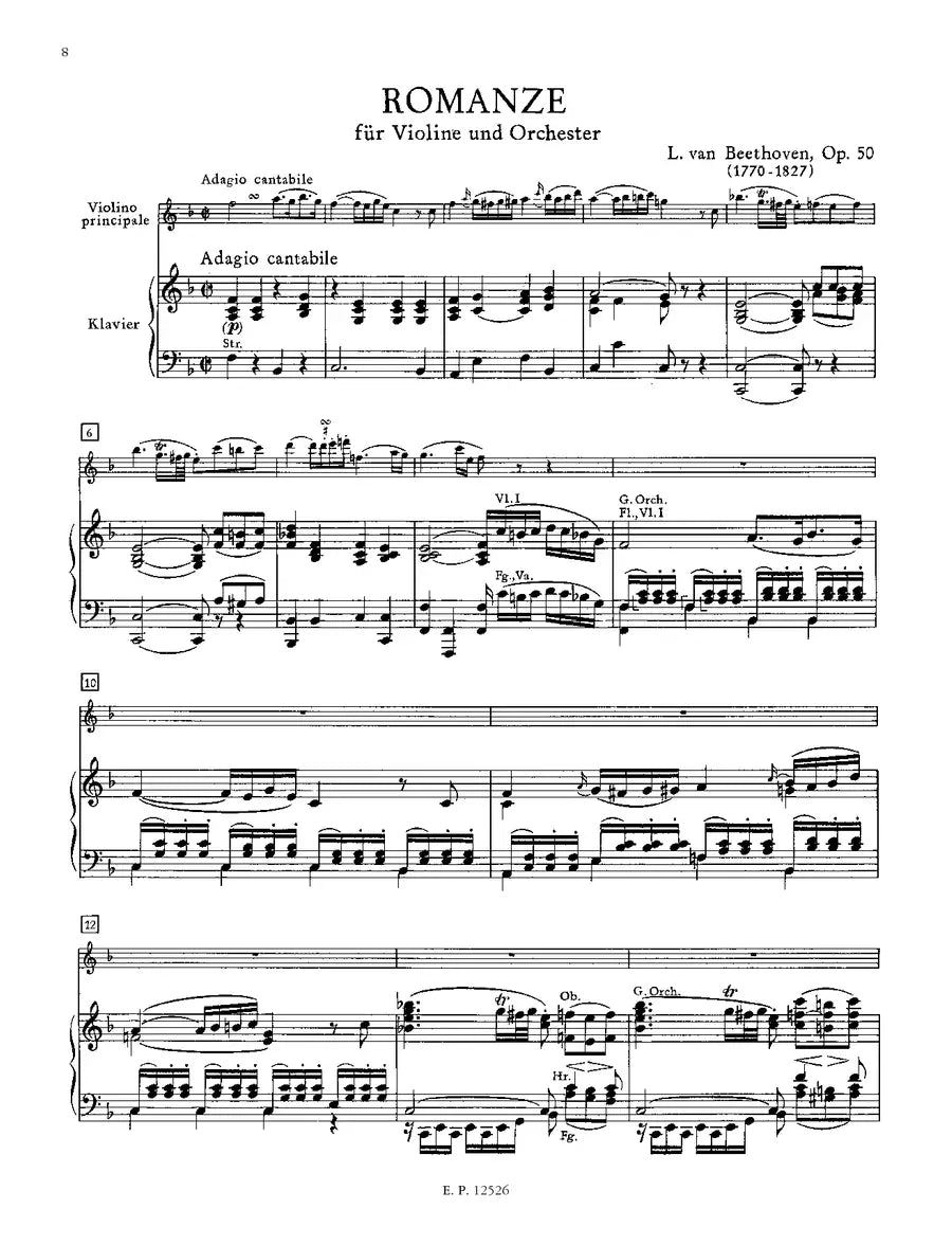 Beethoven Romances Op. 40 (G); Op. 50 (F) Violin with Piano Book