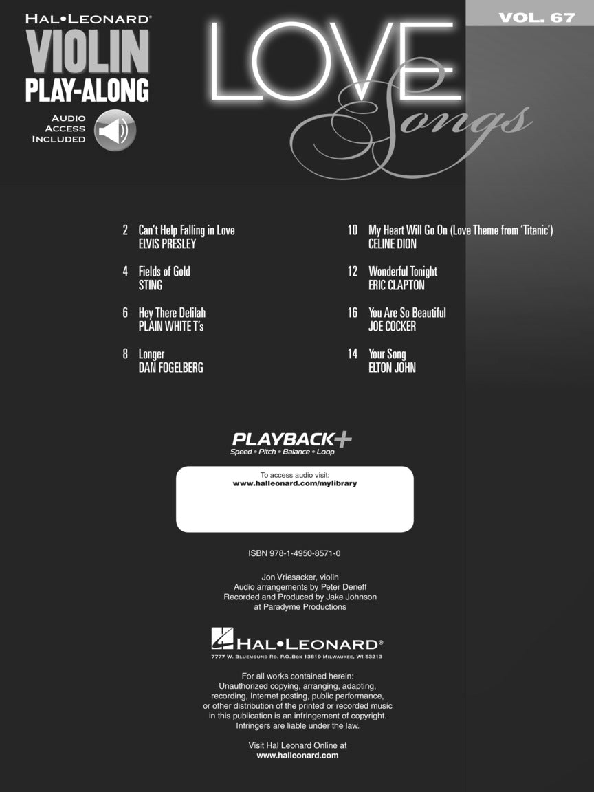 Love Songs - Violin Play Along Volume 67 Book/Ola