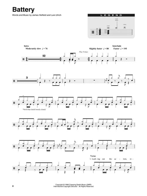 Metallica 1983-1988 Drum Play Along Volume 47 Book/Ola