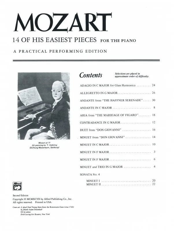 Mozart - 14 Of His Easiest Piano Pieces Book