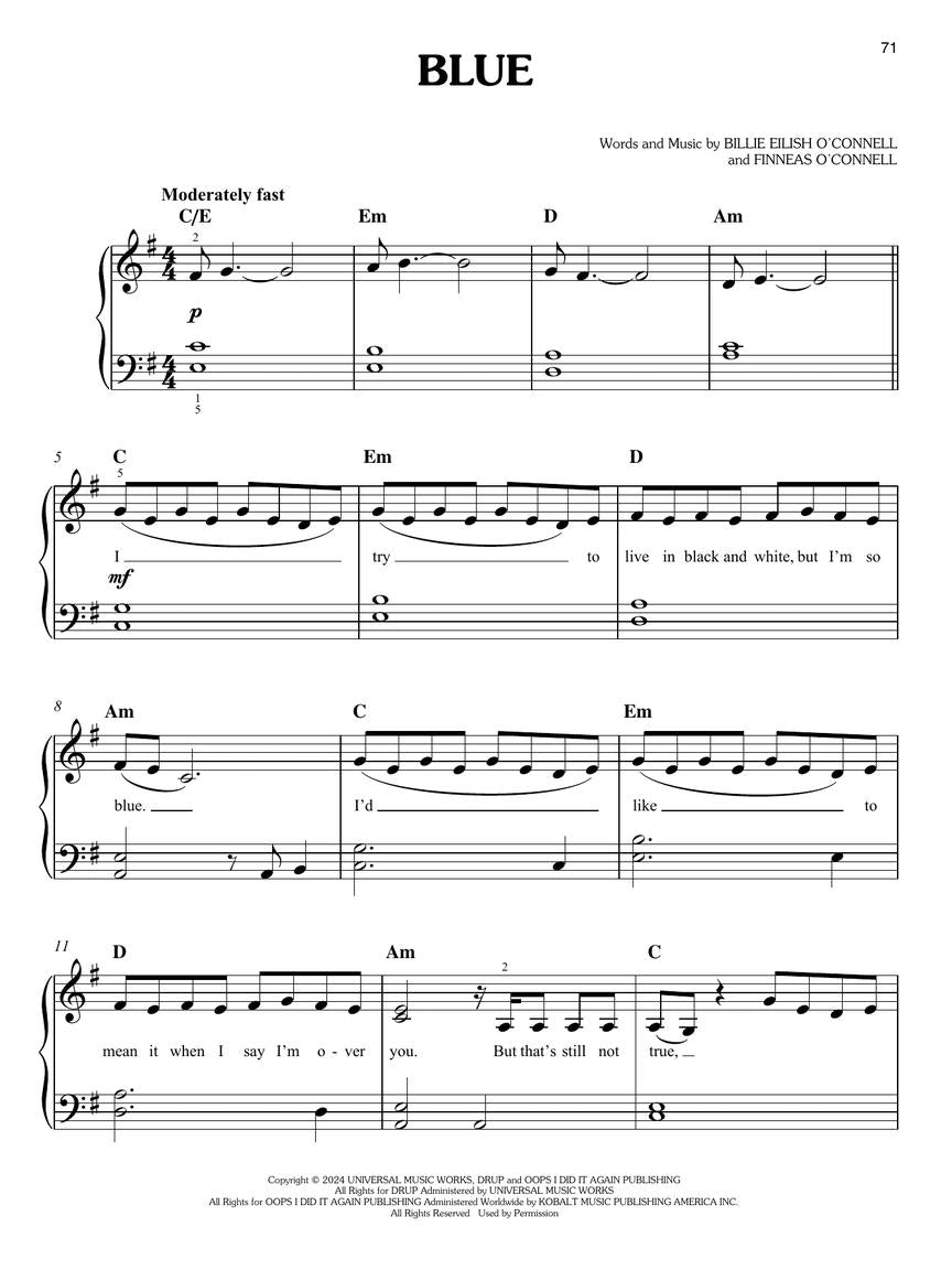 Billie Eilish - Hit Me Hard and Soft Easy Piano Book