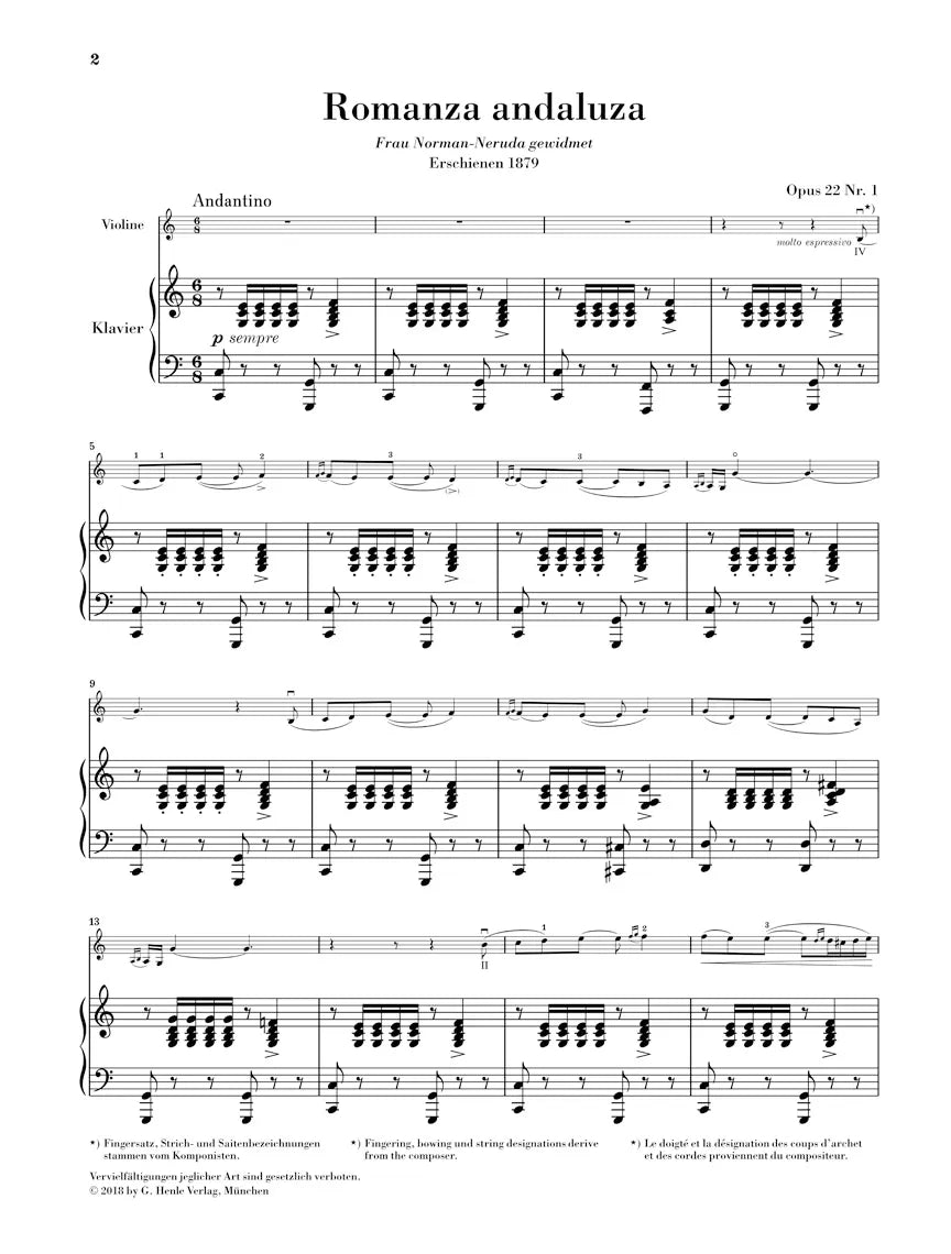 Sarasate - Spanish Dance No 3 Op 22 No 1 Violin with Piano Book (Urtext Edition)