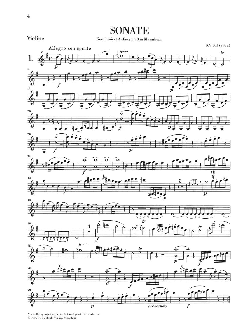 Mozart - Violin Sonatas Volume 1 Nos 1-6 K301-K306 Book (Urtext Edition)