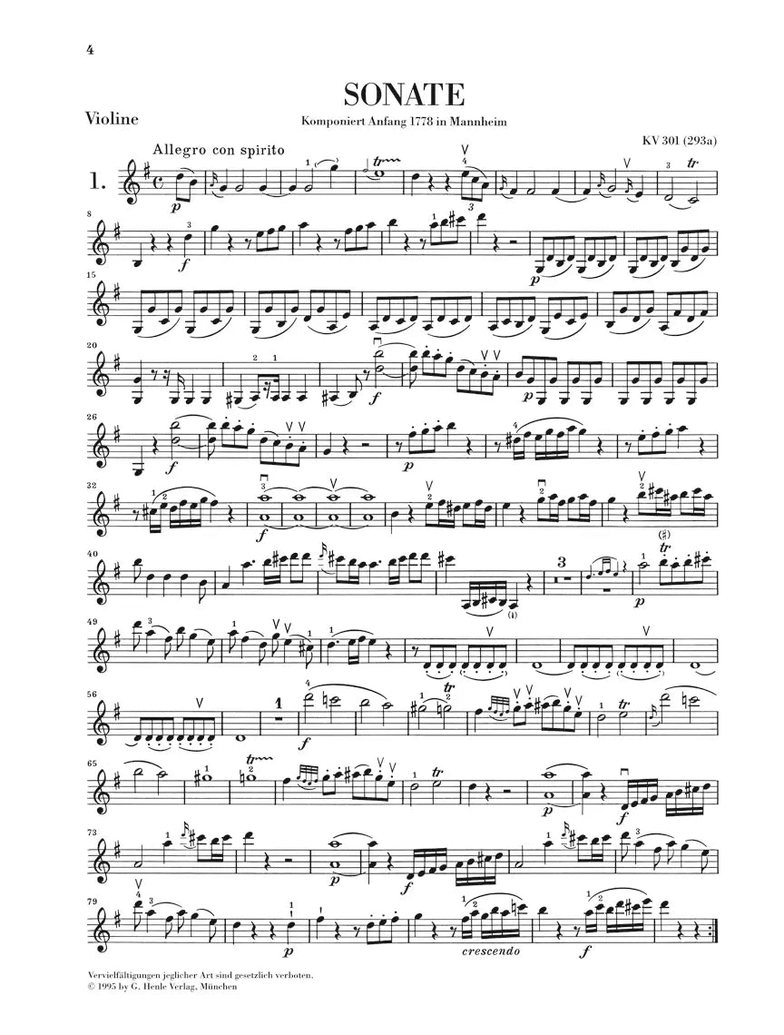Mozart - Violin Sonatas Volume 1 Nos 1-6 K301-K306 Book (Urtext Edition)