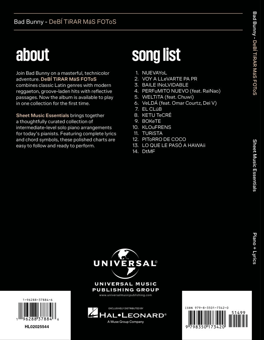 Bad Bunny - Debi Tirar Mas Fotos Piano/Lyrics Book