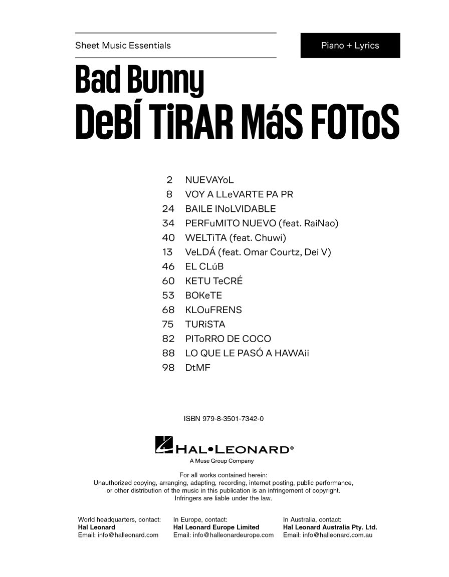 Bad Bunny - Debi Tirar Mas Fotos Piano/Lyrics Book