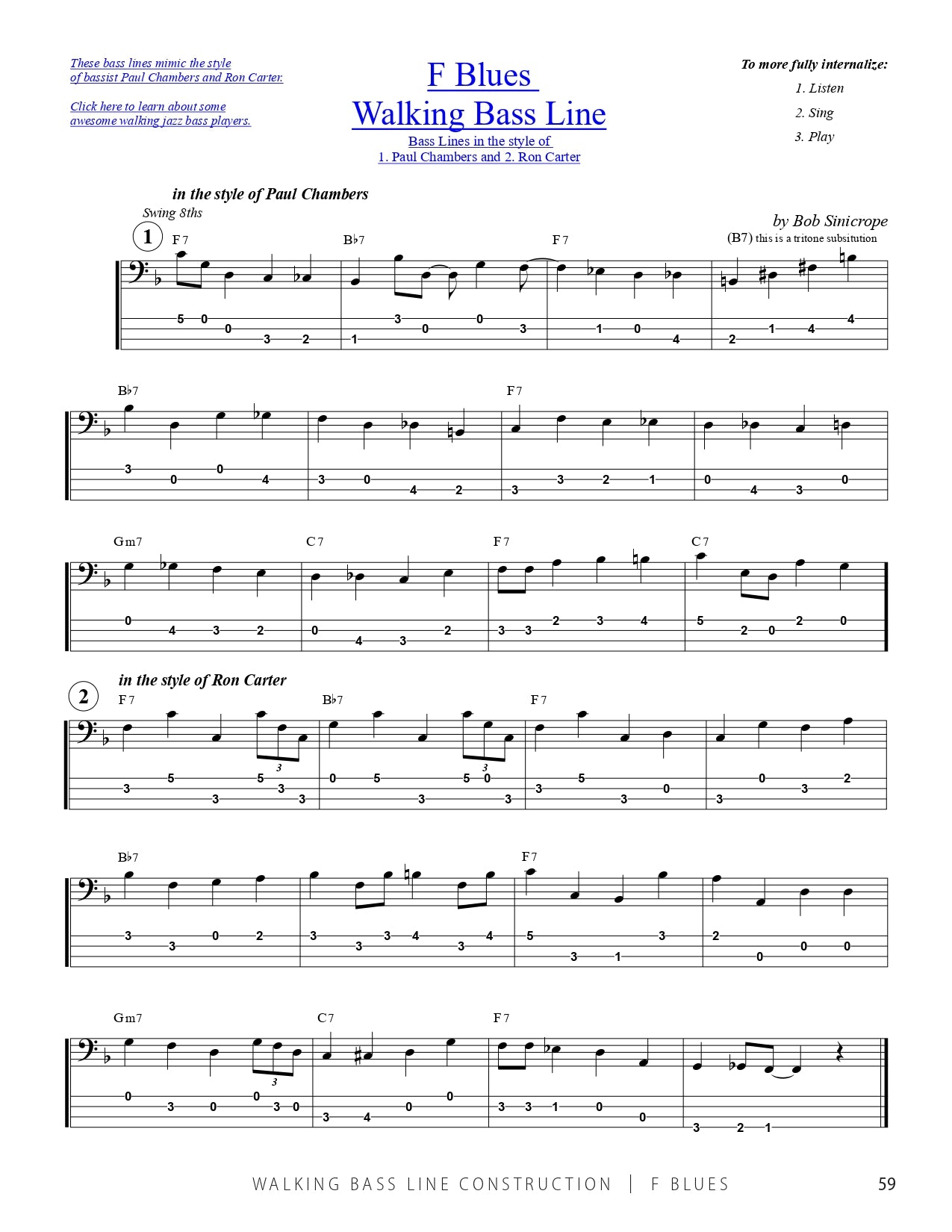 Bob Sinicrope: Walking Bass Line Construction - F Blues Book