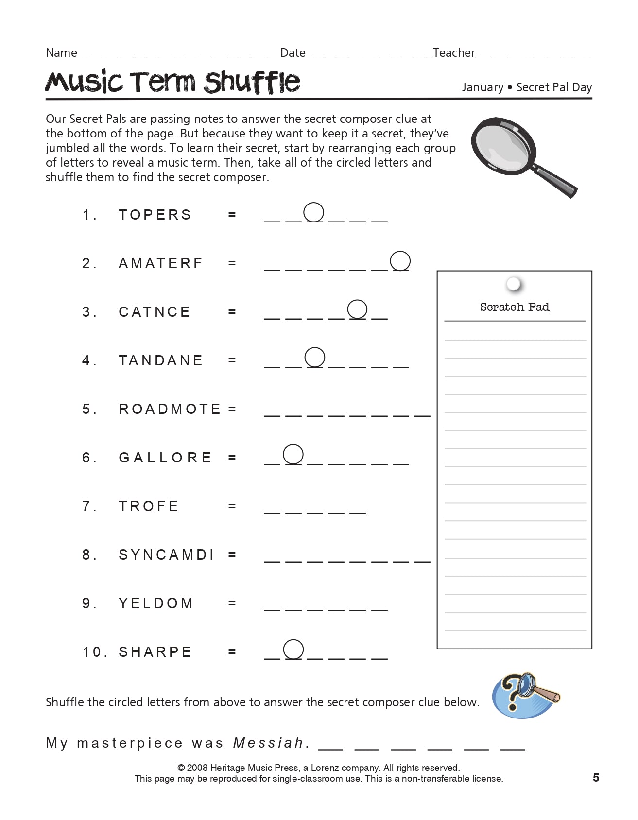 Music Game Of The Week - 52 Classroom Puzzles, Worksheets and Activities