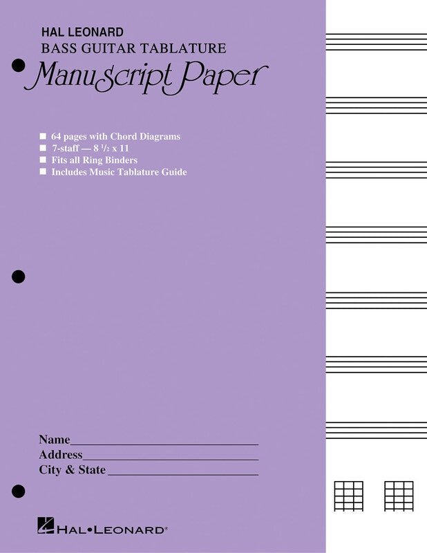 Hal Leonard - Bass Guitar Manuscript Tab Book - 4 Staves/8 Chord Diagrams (64 pages)