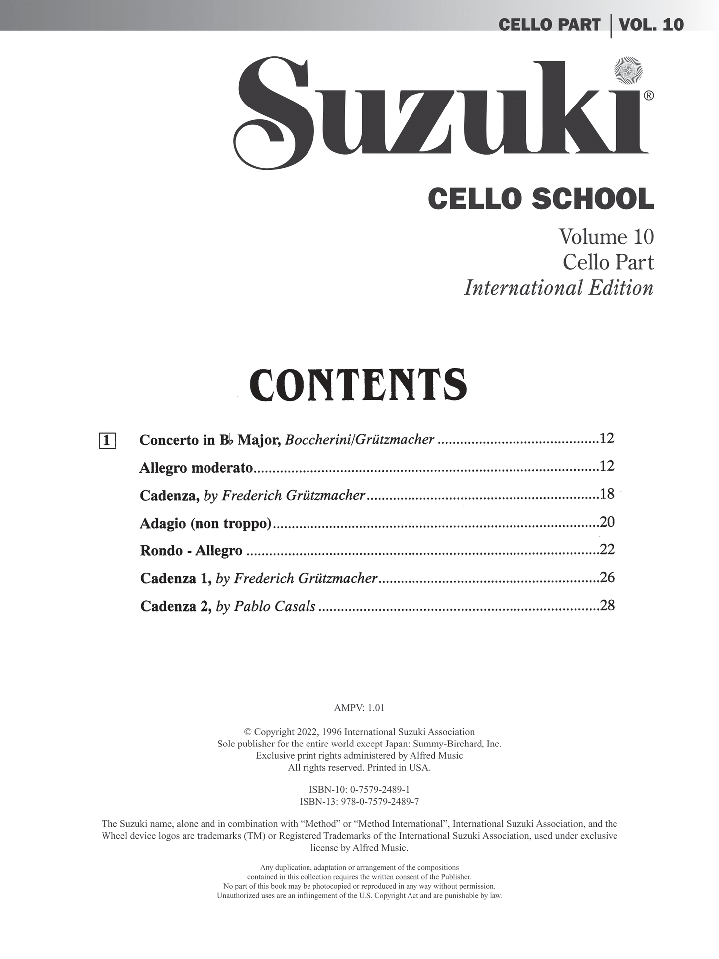 Suzuki Cello School - Volume 10 Cello Part Book with Piano Accompaniment