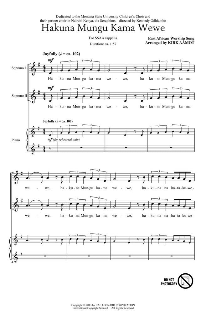 Hakuna Mungu Kama Wewe A Cappella Soprano/Second Soprano/ Alto Sheet Music