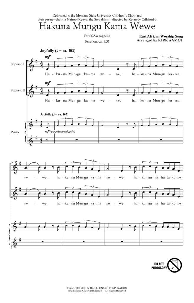 Hakuna Mungu Kama Wewe A Cappella Soprano/Second Soprano/ Alto Sheet Music