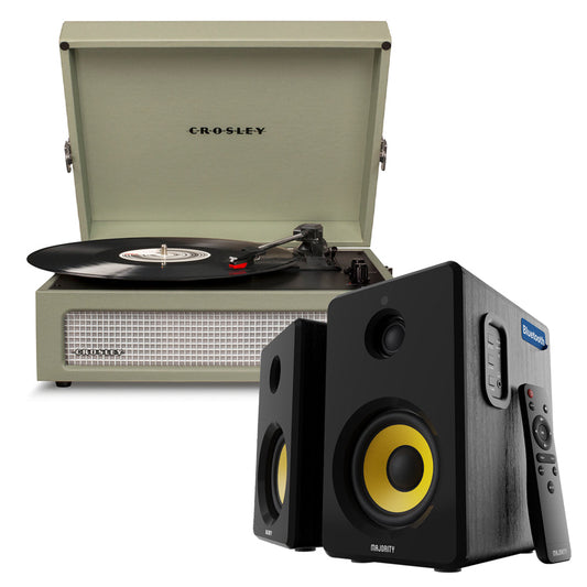 Crosley Voyager Bluetooth Portable Turntable - Sage + Bundled Majority D40X Bluetooth Speakers - Black