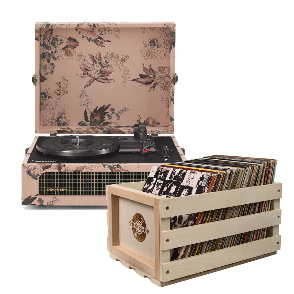 Crosley Voyager Bluetooth Portable Turntable - Floral + Bundled Record Storage Crate