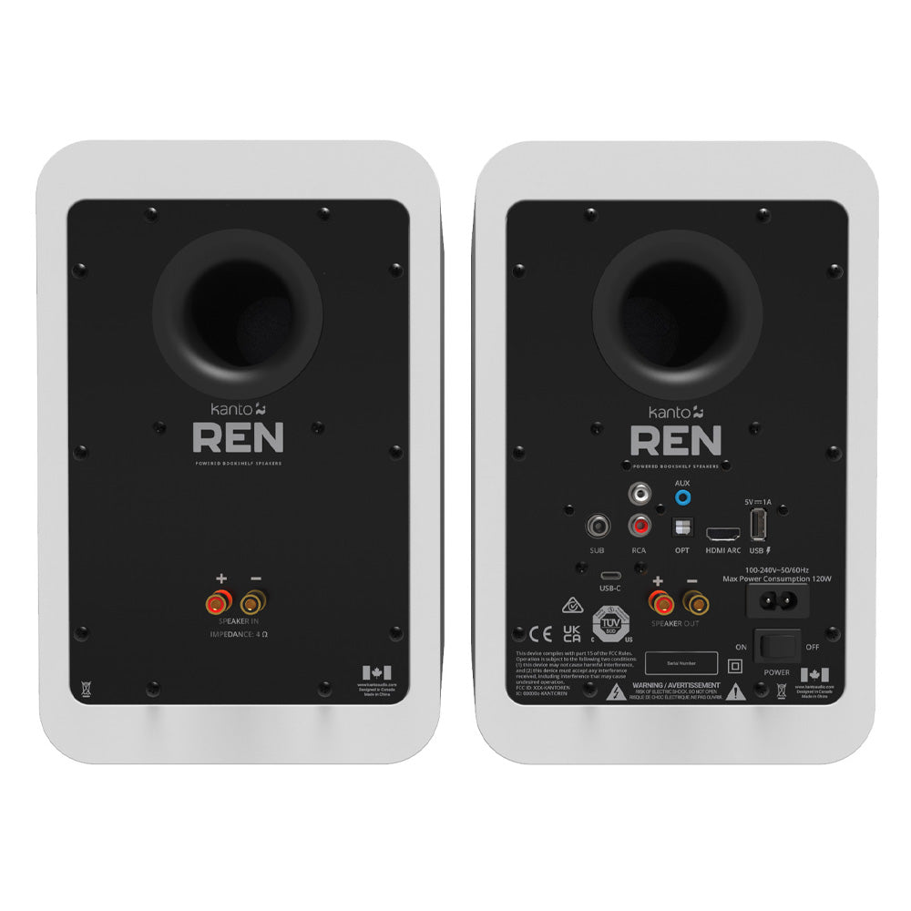 Kanto REN 200W Powered Bookshelf Speakers with HDMI ARC, USB-C, and Bluetooth 5.3 - Matte White, Pair