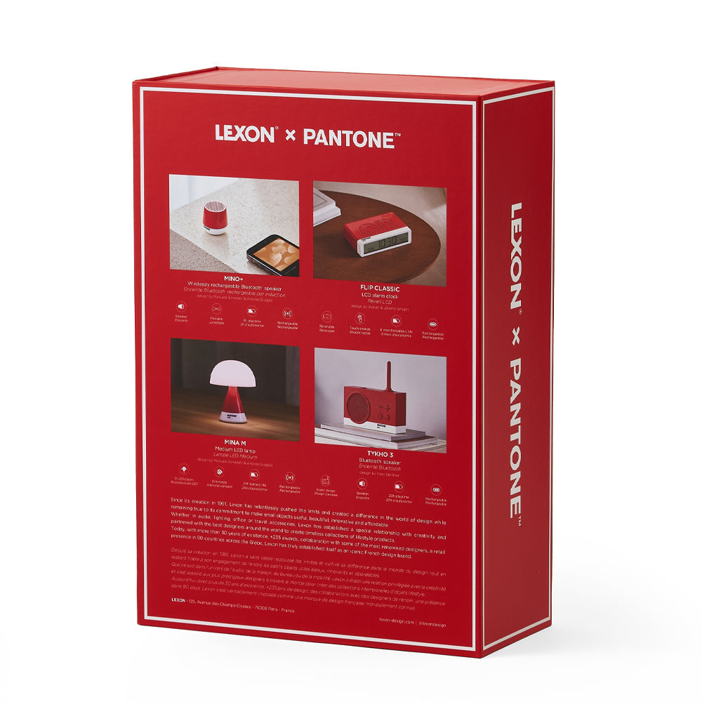Lexon GIFT Set PANTONE - Includes Mino+ Mini Speaker, Flip Classic Clock, Mina M Lamp, Thykho 3  Speaker - 2035 Red
