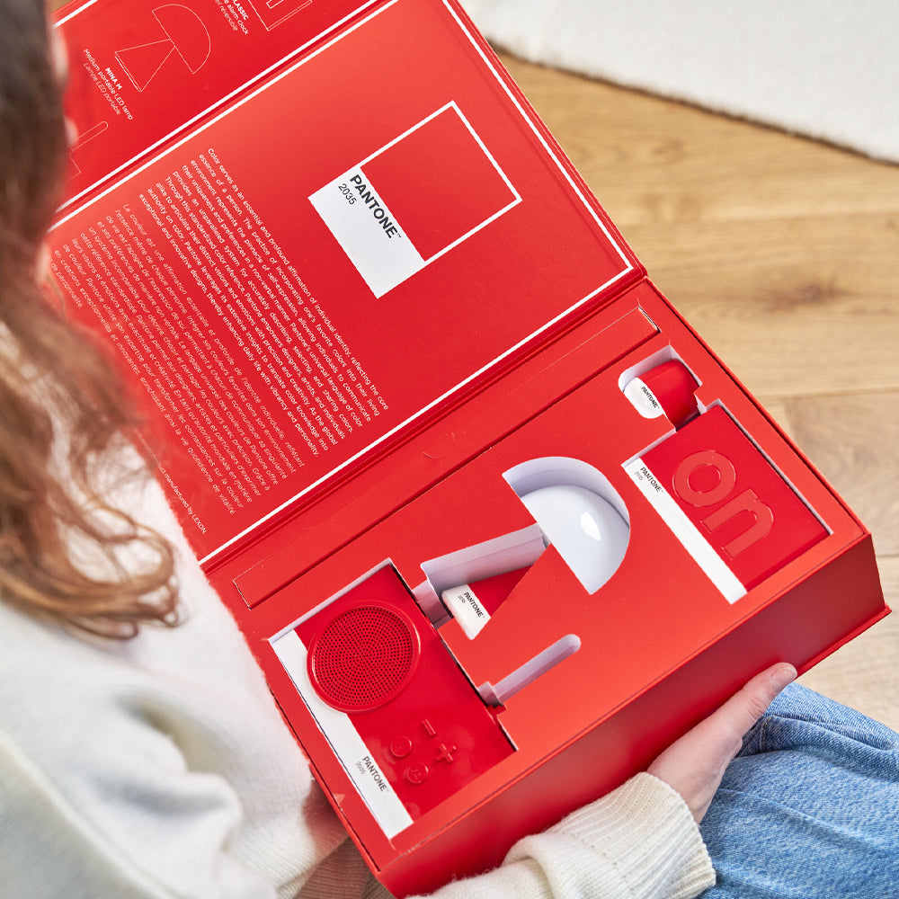 Lexon GIFT Set PANTONE - Includes Mino+ Mini Speaker, Flip Classic Clock, Mina M Lamp, Thykho 3  Speaker - 2035 Red