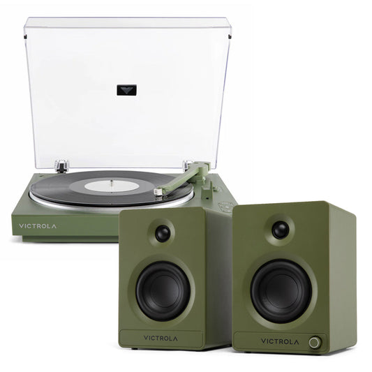 Victrola Automatic Turntable + Victrola Tempo Bookshelf Speakers Bundle - Green