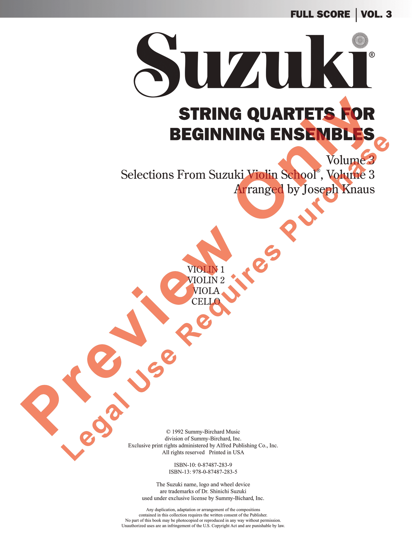Suzuki Violin School - String Quartets for Beginning Ensembles Volume 3 Book