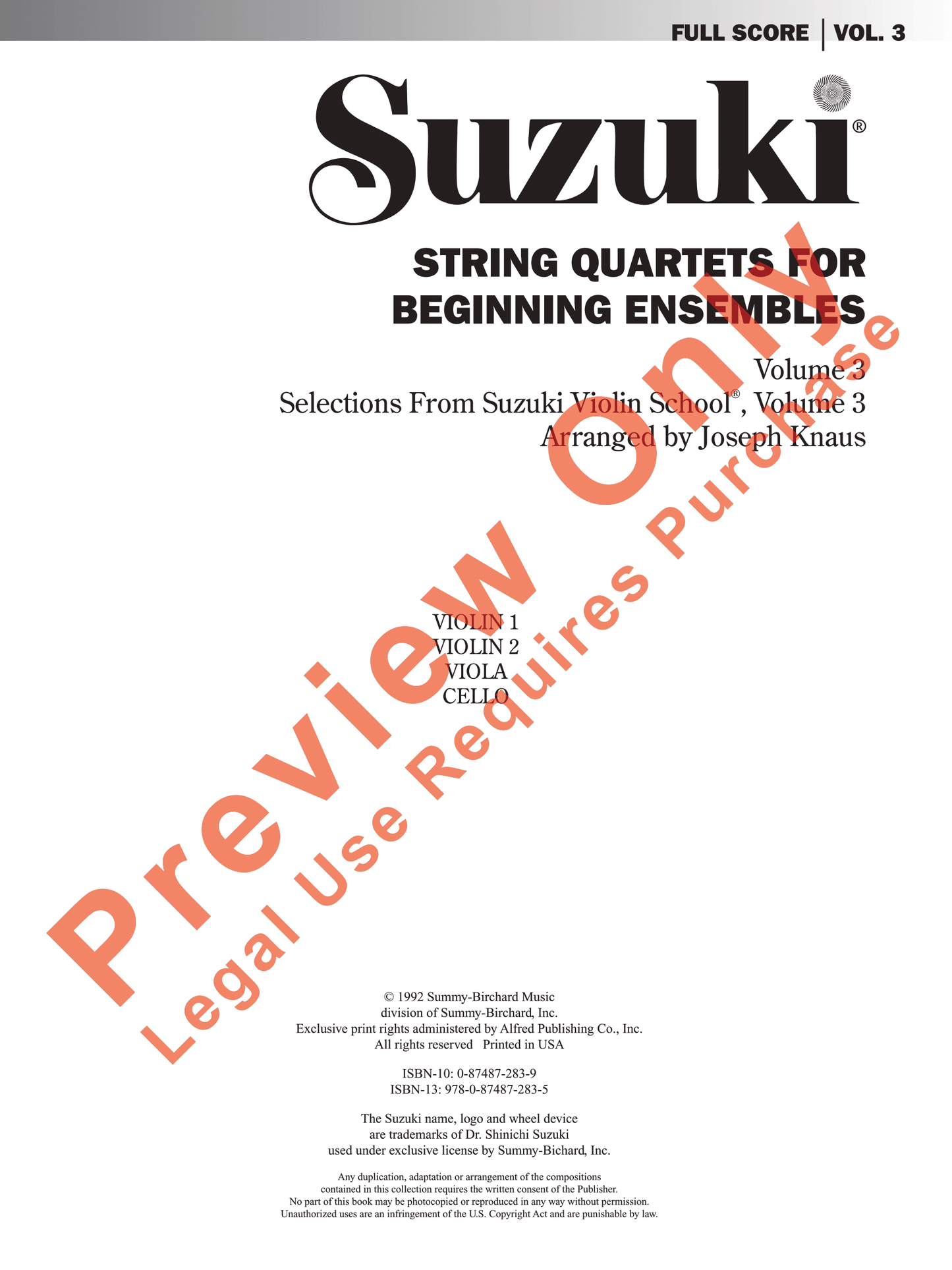 Suzuki Violin School - String Quartets for Beginning Ensembles Volume 3 Book