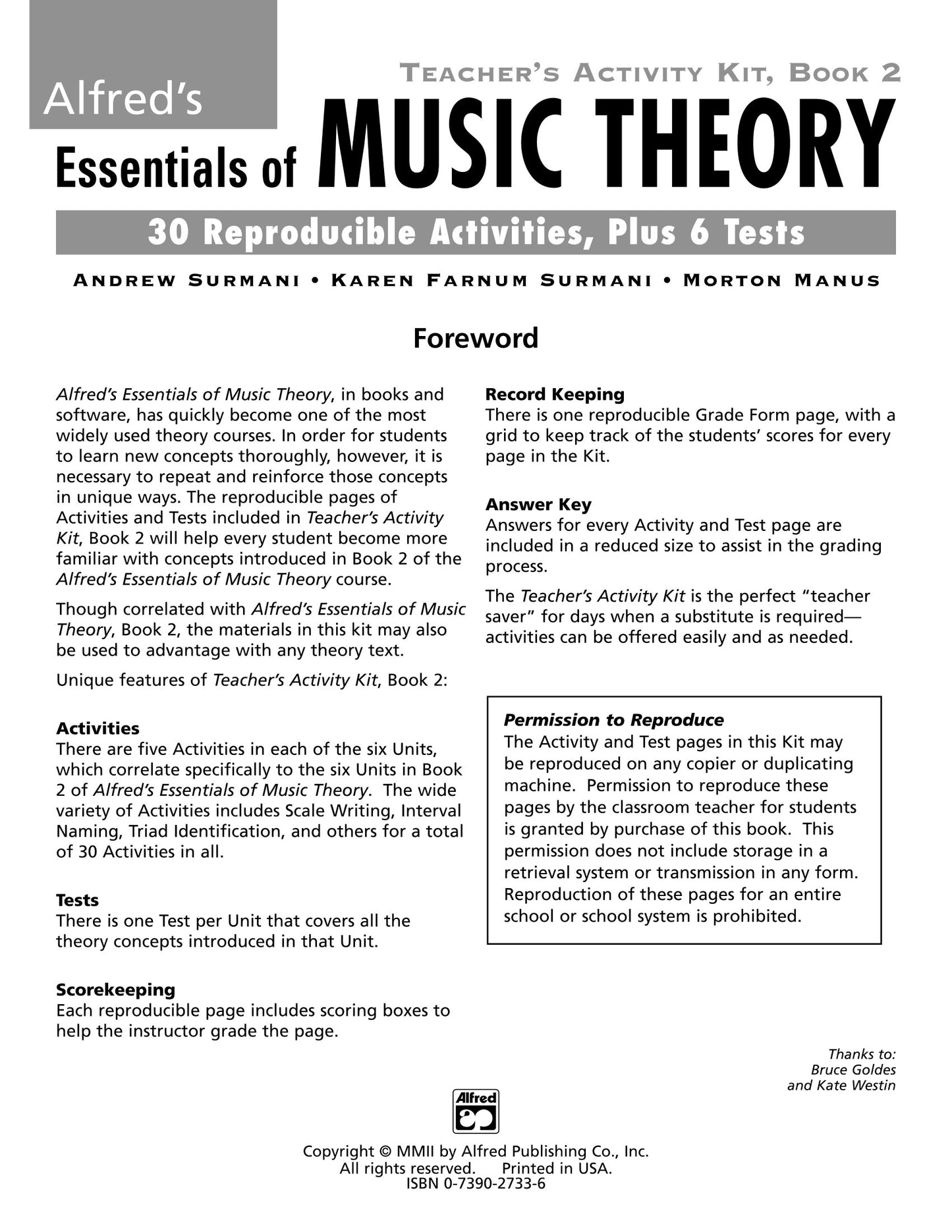 Alfred's Essentials Of Music Theory - Teacher's Activity Kit Book 2
