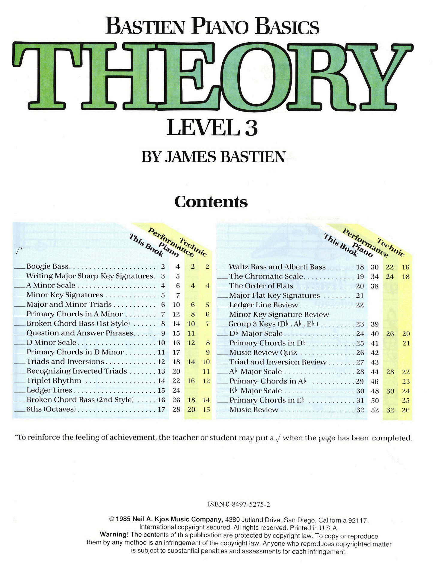 Bastien Piano Basics - Theory Level 3 Book