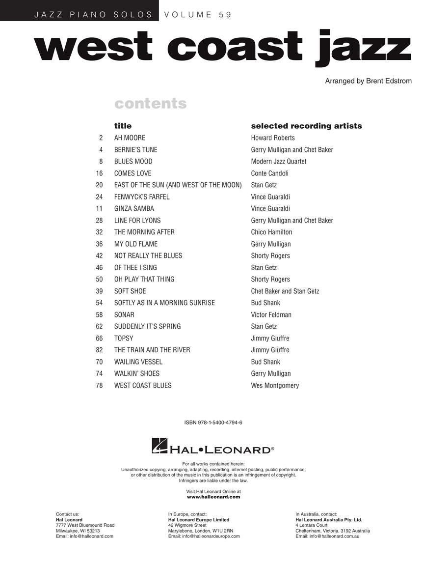 West Coast Jazz - Jazz Piano Solos Series Volume 59 Book