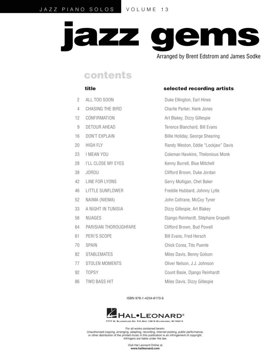 Jazz Gems - Jazz Piano Solos Volume 13 Book