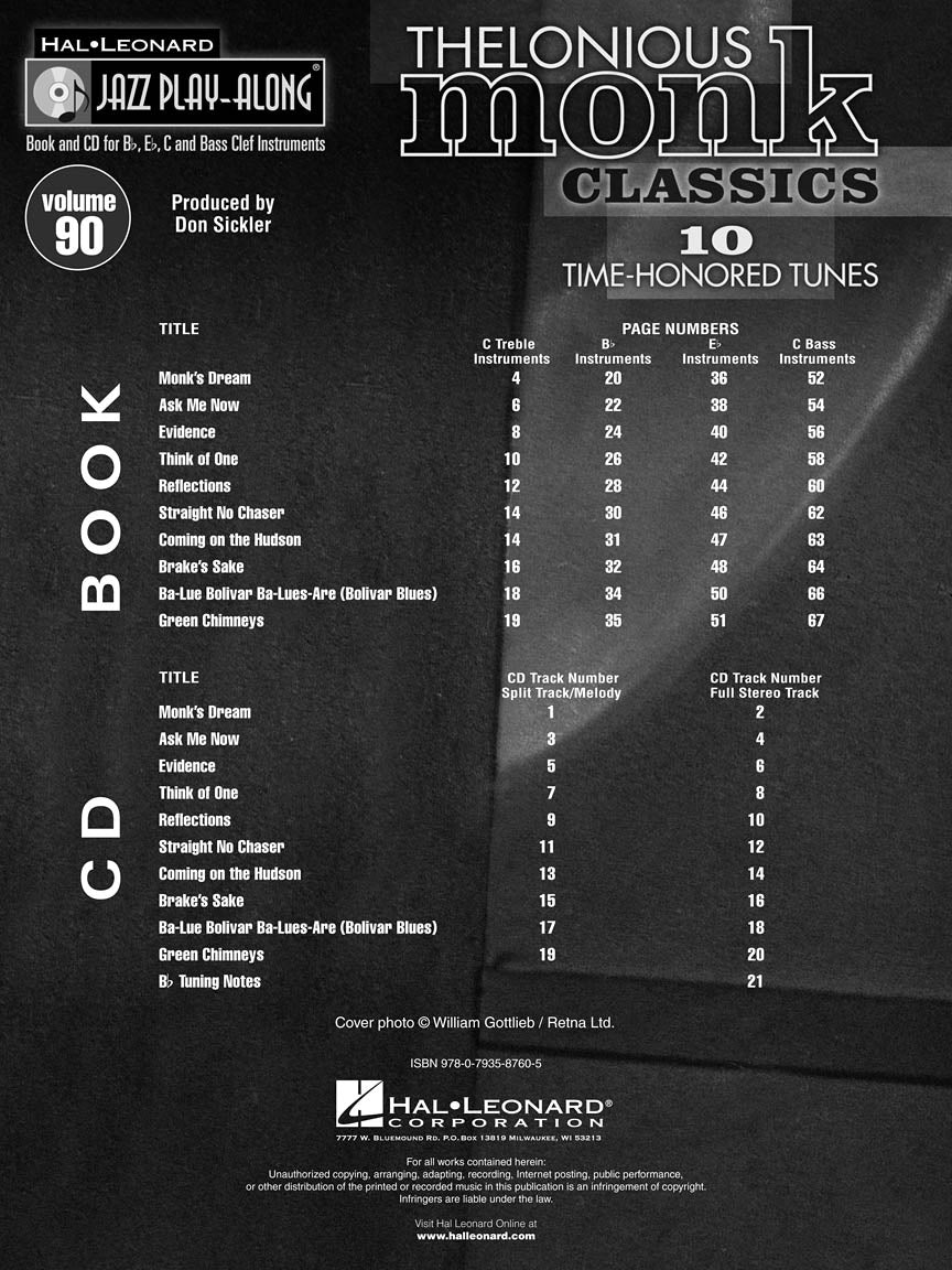 Thelonious Monk Classics - Jazz Play Along Book/Cd