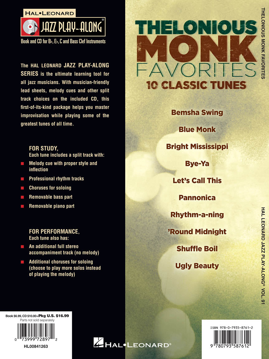 Thelonious Monk Favourites - Jazz Play Along Volume 91 Book